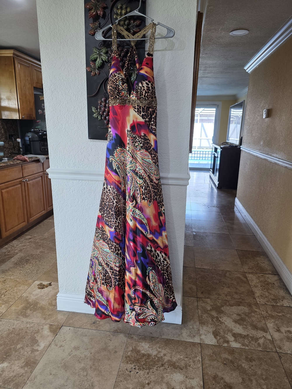 Blondie Nites Pink Purple Orange & Blue Paisley Leopard Halter Maxi Dress